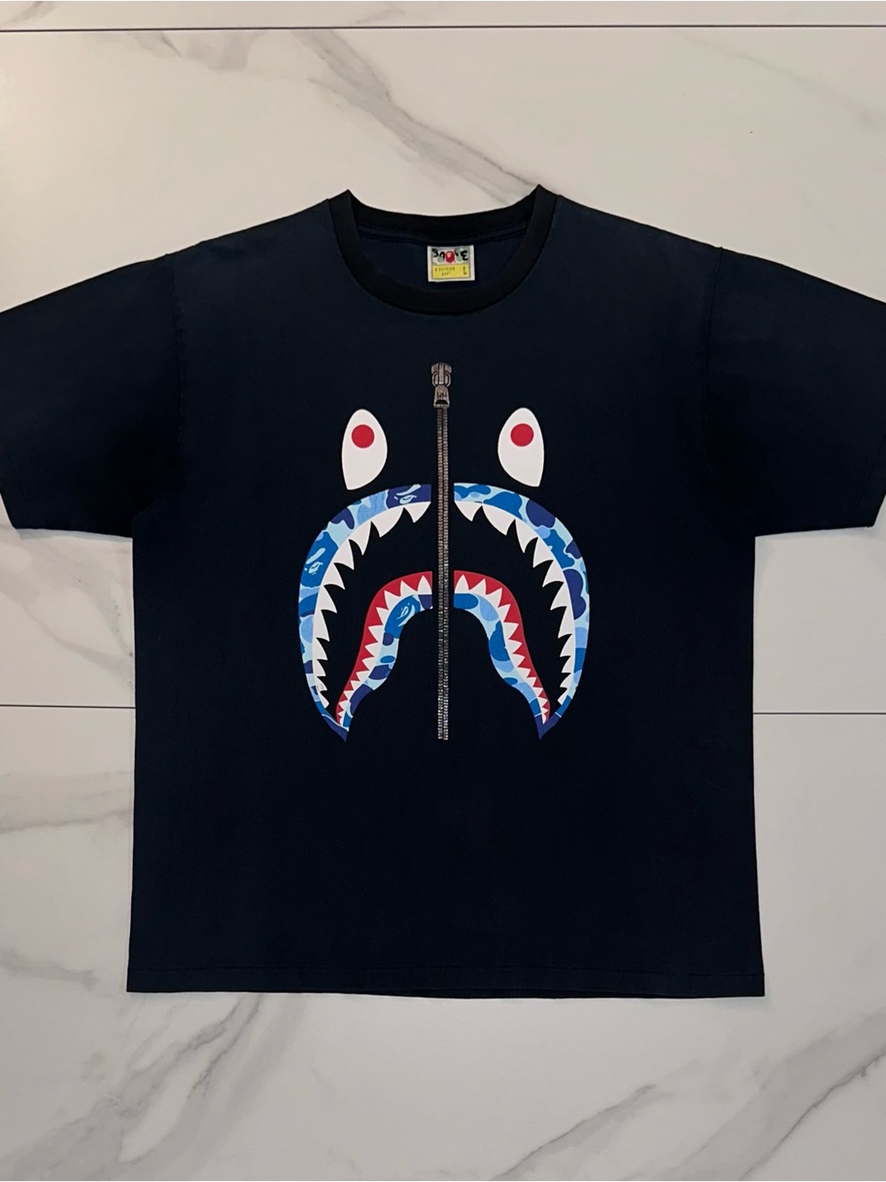 BAPE ABC Camo Shark Silver Zip Tee Black/Blue Size Large